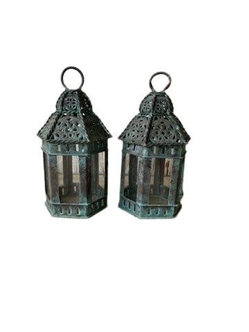 Vintage copper lanterns, two small lanterns side by side with green patina and glass panels