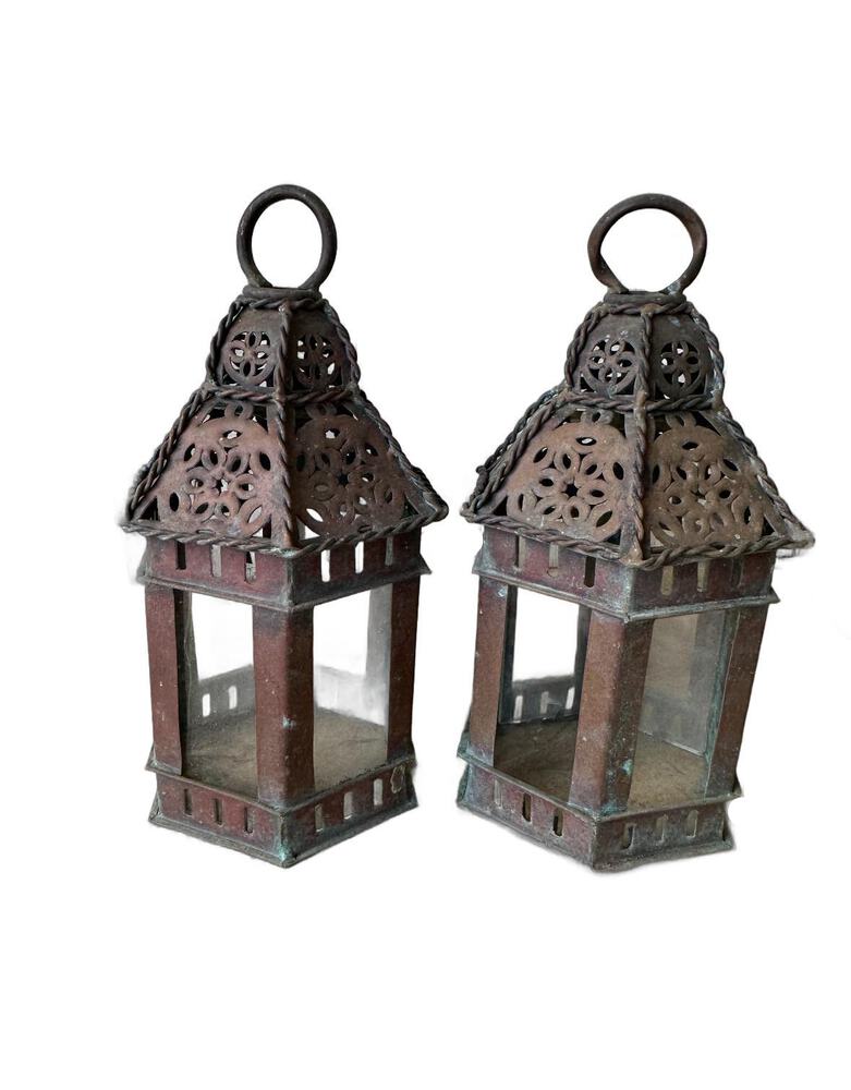 Vintage copper lanterns, two small lanterns side by side, front view with brown copper patina