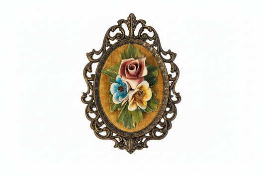Vintage Capodimonte-style porcelain floral wall plaque, pink rose with blue and yellow blooms on gold velvet in ornate frame