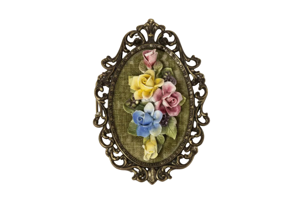Vintage Italian Capodimonte porcelain floral wall plaque, multicolor roses on green velvet in ornate gilt-metal frame
