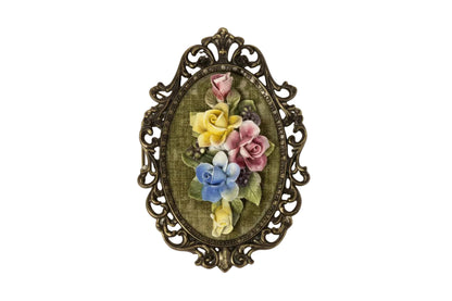 Vintage Italian Capodimonte porcelain floral wall plaque, multicolor roses on green velvet in ornate gilt-metal frame