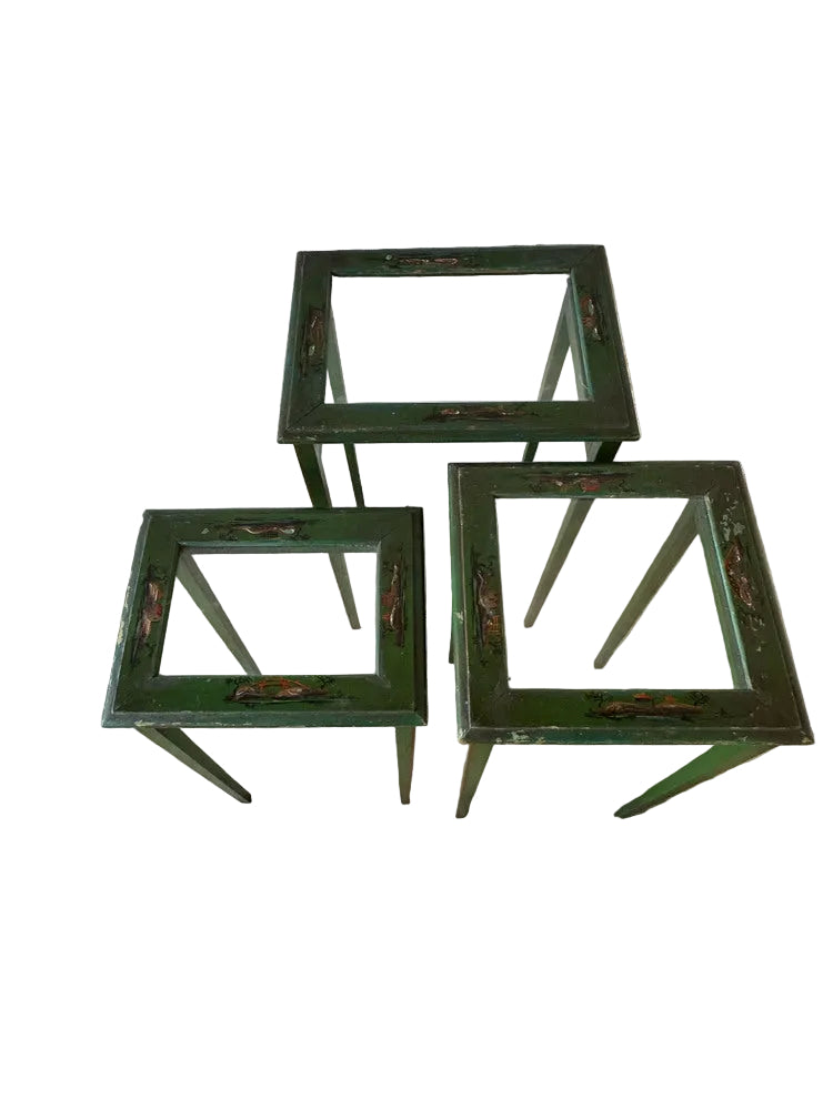 Three vintage green lacquered nesting tables arranged separately, hand-painted landscape details