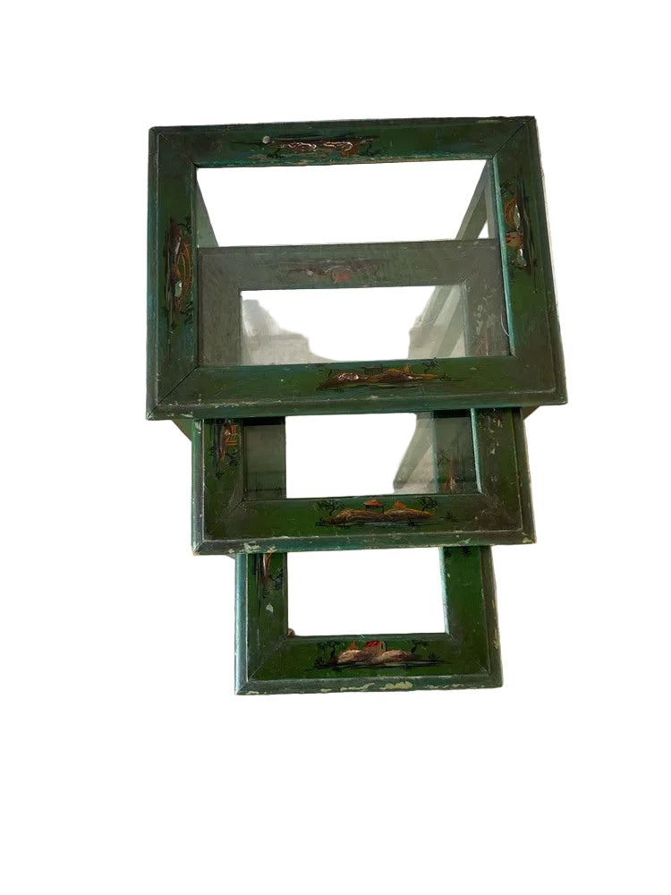 Vintage Asian-inspired lacquered green nesting tables, set of three frames stacked, worn patina