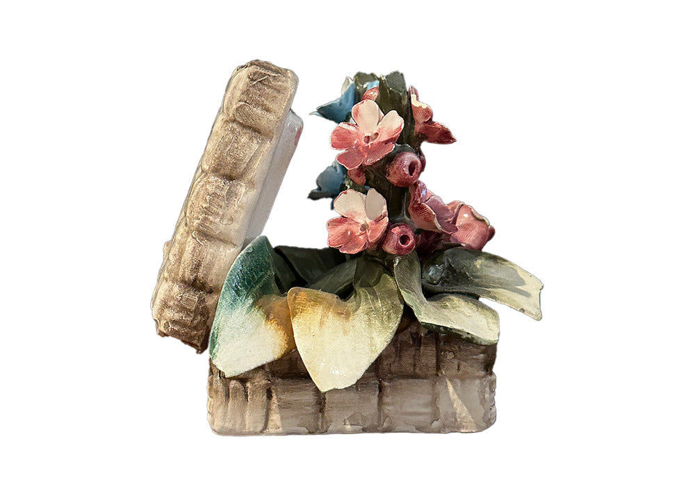 Capodimonte porcelain floral basket, side-rear angle showing the raised back panel and pink blossoms