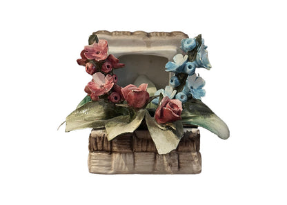 Capodimonte porcelain basket of flowers, front view, pink roses on the left and blue blossoms on the right
