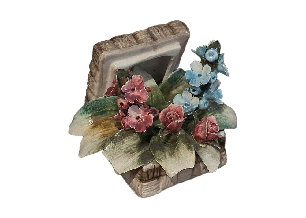 Capodimonte porcelain floral basket viewed from a high angle, pink roses and blue blossoms among green leaves
