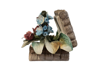 Capodimonte porcelain floral basket, side-rear angle, prominent blue flowers, a pink rose and a raised back panel