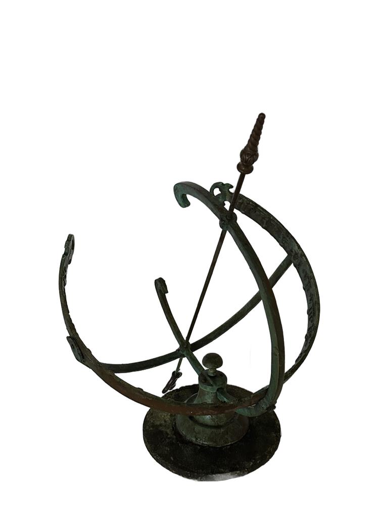 Verdigris bronze armillary sundial sphere with crossing rings and arrow gnomon, on its weathered base