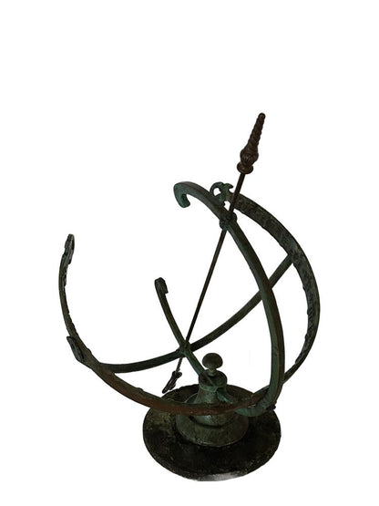 Verdigris bronze armillary sundial sphere with crossing rings and arrow gnomon, on its weathered base