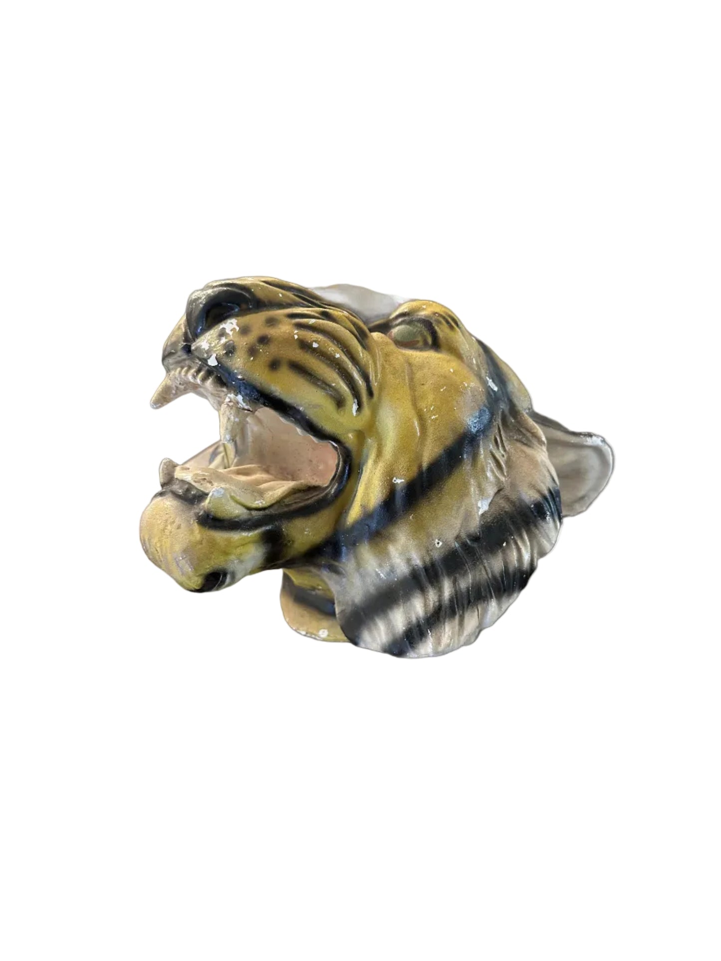 Vintage ceramic tiger head wall hanging, side profile with open roaring mouth and bared teeth