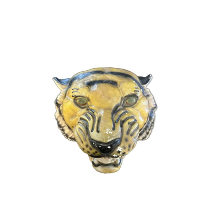 Vintage hand-painted ceramic tiger head wall hanging, front view with yellow and black markings