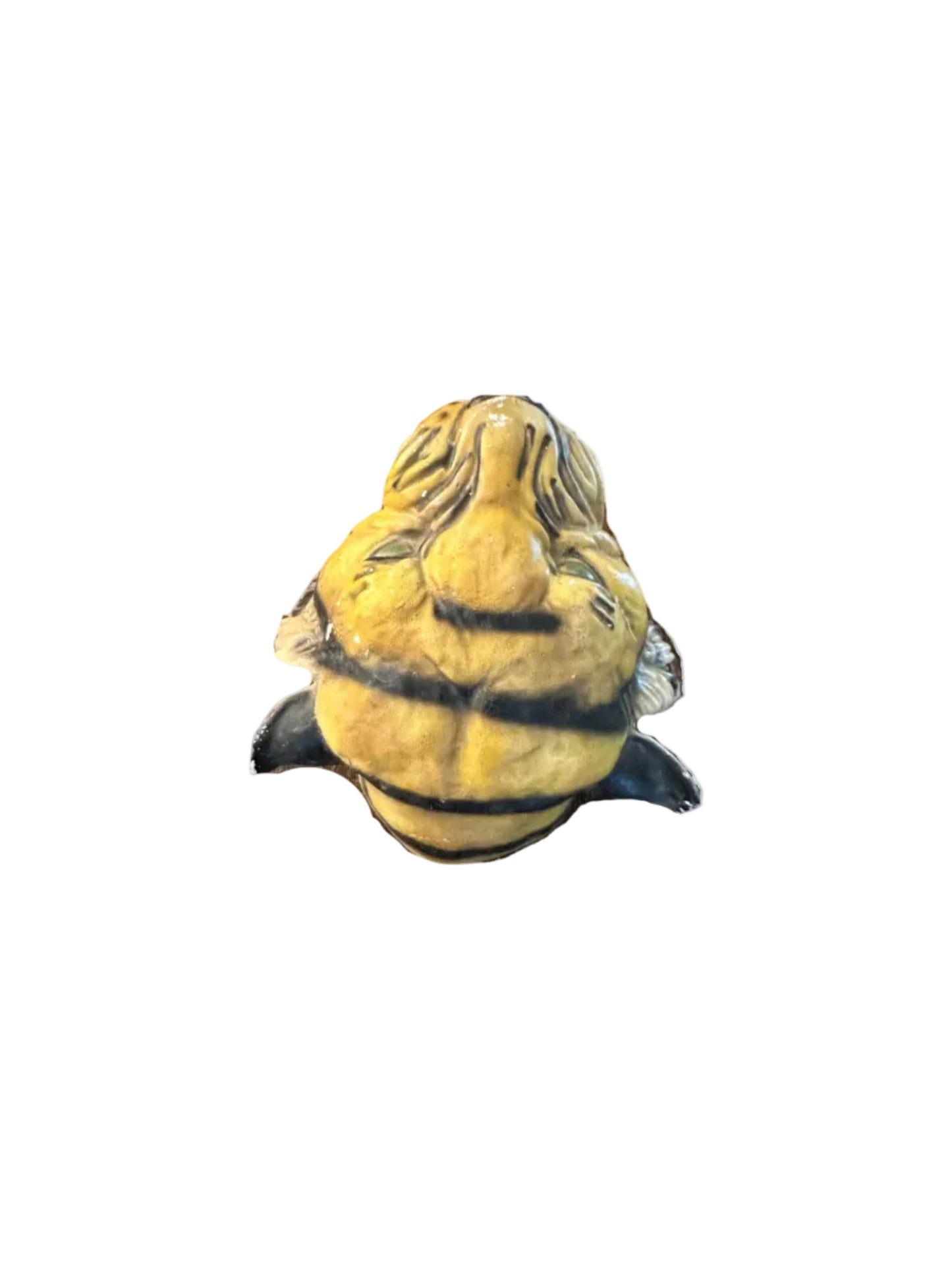 Vintage ceramic tiger head wall hanging viewed from below showing chin and underside