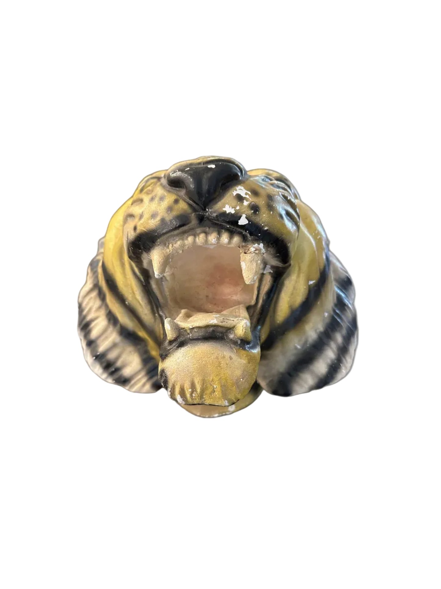 Vintage ceramic tiger head wall hanging, front close-up of open roaring mouth and teeth