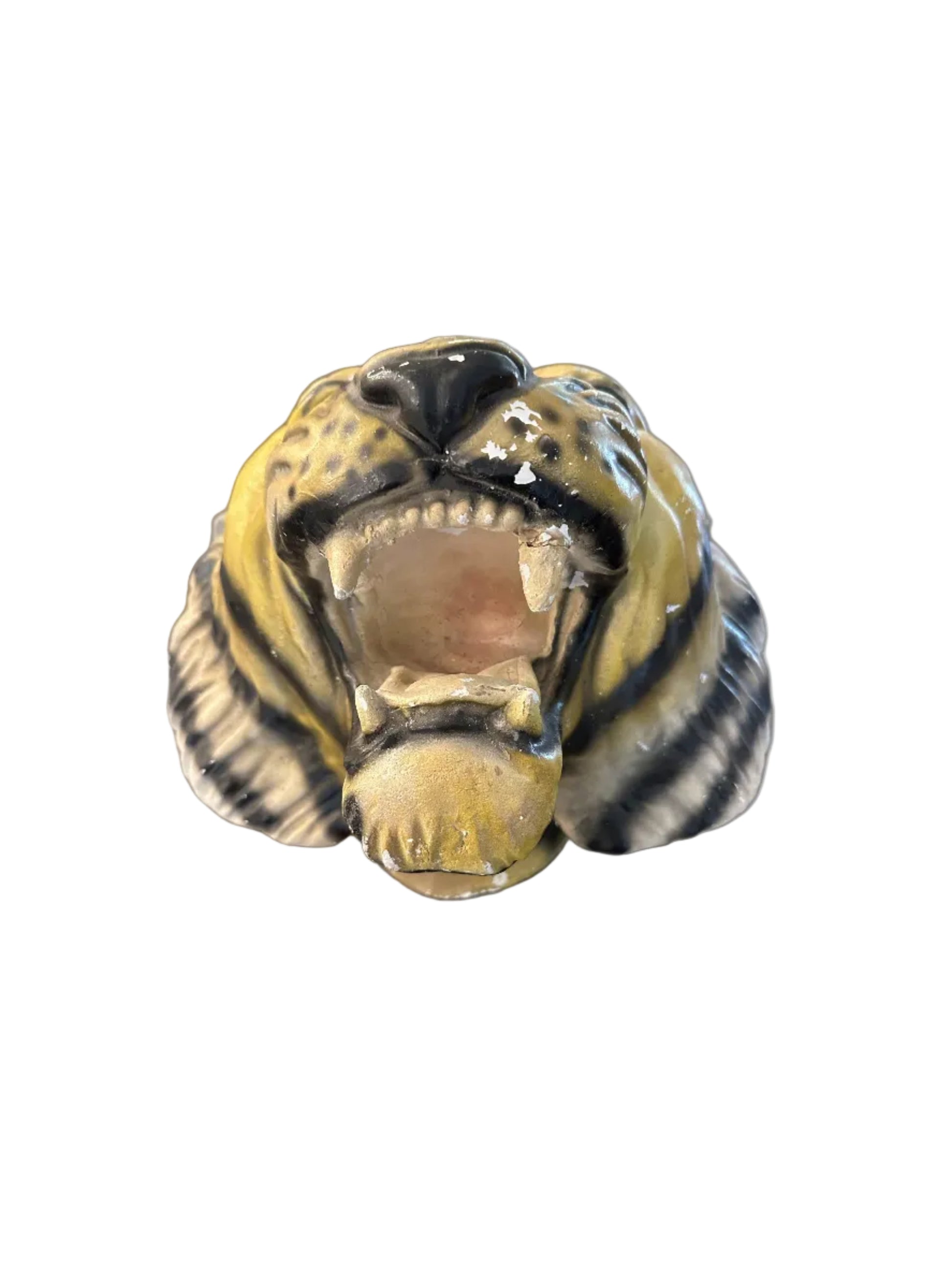 Vintage ceramic tiger head wall hanging, front close-up of open roaring mouth and teeth