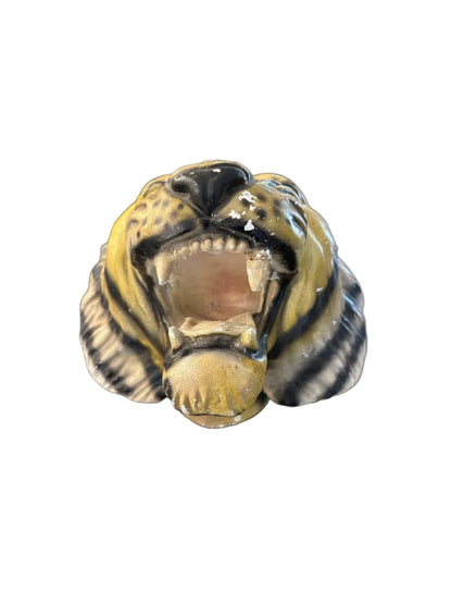 Vintage ceramic tiger head wall hanging, front close-up of open roaring mouth and teeth