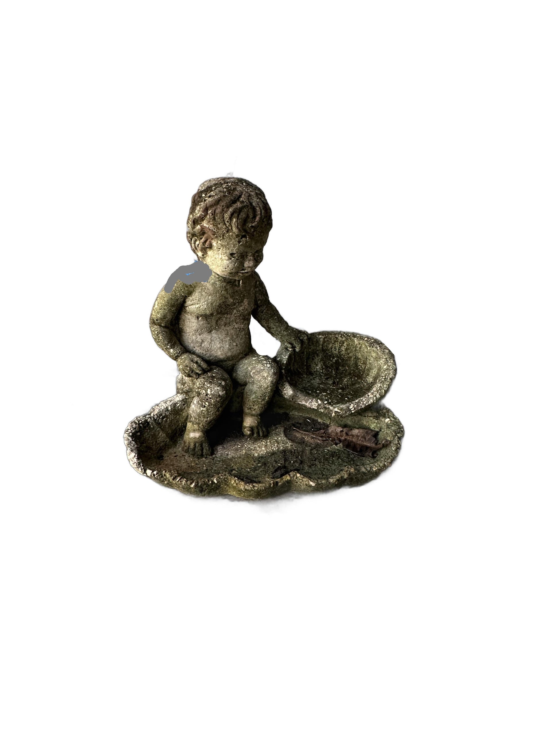 Vintage concrete cherub fountain top, full view of the child figure with shell basin on a leaf base