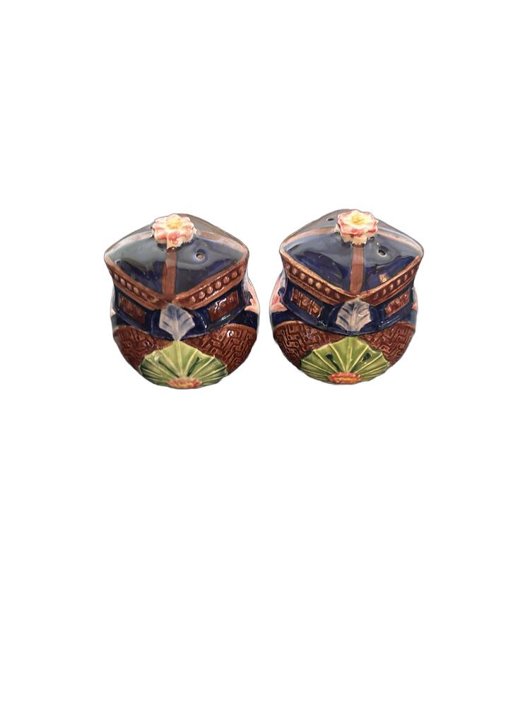 Pair of vintage ceramic basket-shaped salt and pepper shakers with cobalt and brown glaze