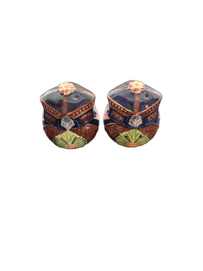 Pair of vintage ceramic basket-shaped salt and pepper shakers with cobalt and brown glaze