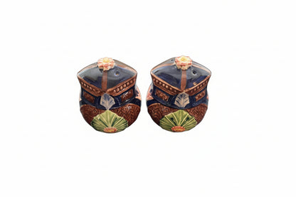 Vintage ceramic salt and pepper shaker set shaped as basket pagodas with floral finials