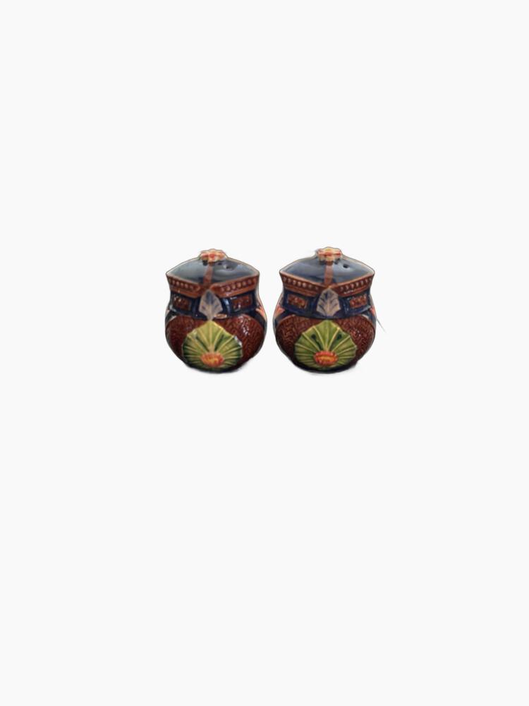 Vintage ceramic basket salt and pepper set, rear view with fan and floral relief