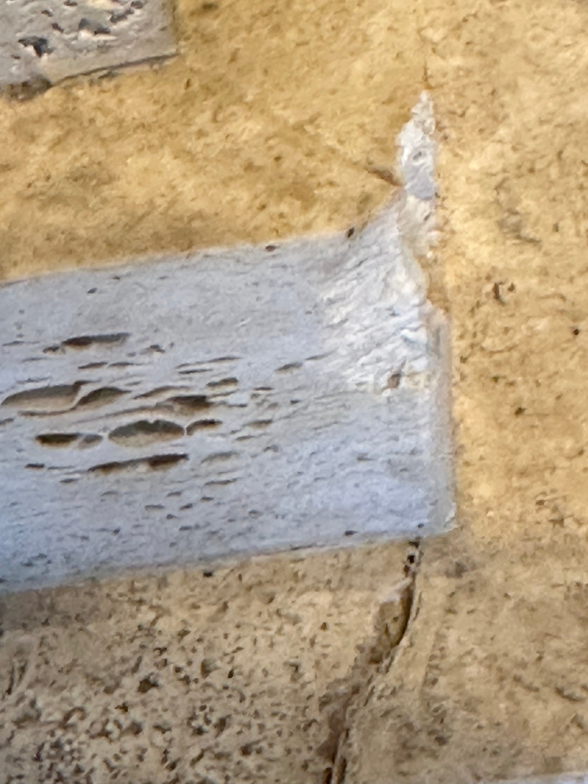 Close-up of a chipped edge with filler on a limestone pedestal base.