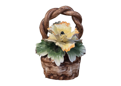 Capodimonte porcelain basket front view, large yellow blossom centered under the arched handle.