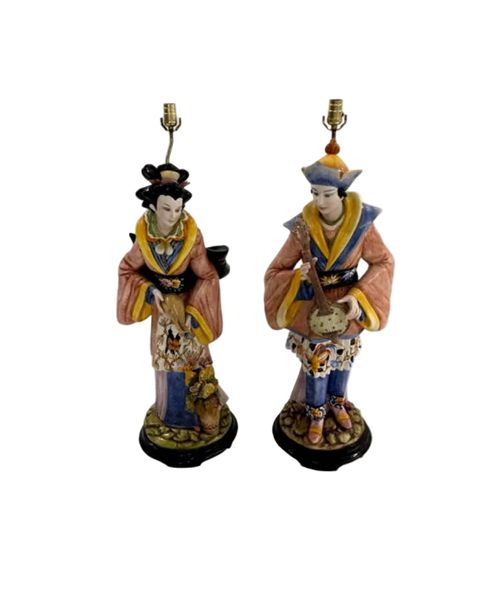 Pair of Capodimonte porcelain figural table lamps in Chinese costume, full front view