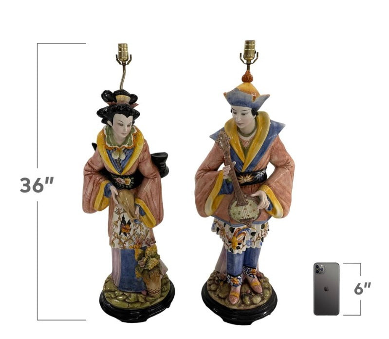 Capodimonte figural lamp pair with 36-inch height and 6-inch phone scale reference