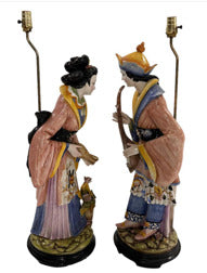 Pair of Capodimonte figural lamps, rear view of porcelain figures on black bases