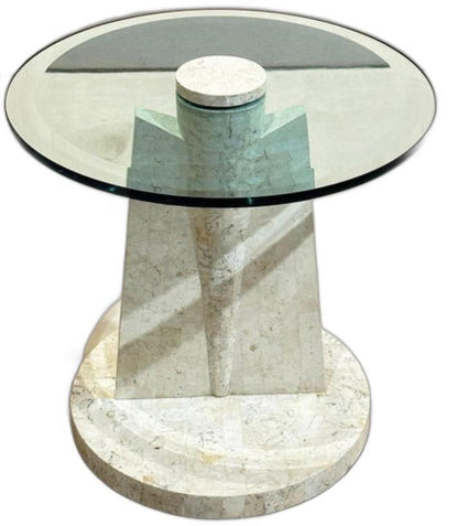 Post-modern stone-and-glass end table, low-angle view of glass top and tessellated stone pedestal