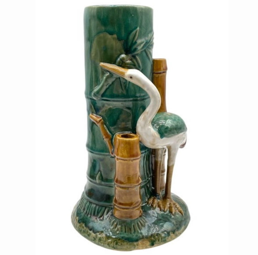 Majolica heron and bamboo vase, green glazed ceramic with white heron and bamboo, front view