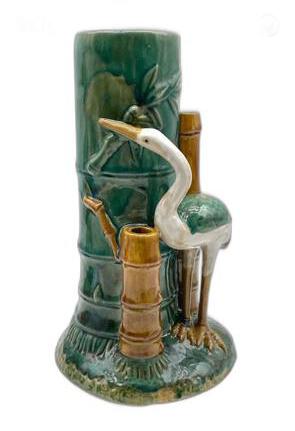 Majolica heron and bamboo vase, side angle of white heron and green bamboo form