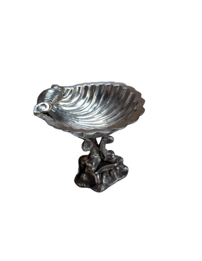 Victorian silver plate shell caviar dish on twin-dolphin and rockwork pedestal base