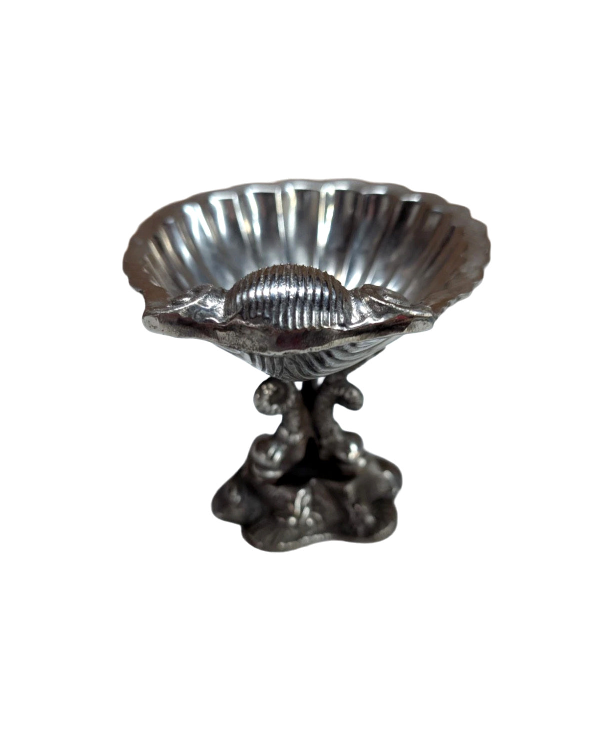 Victorian silver plate caviar dish, overhead view into the fluted scallop-shell bowl