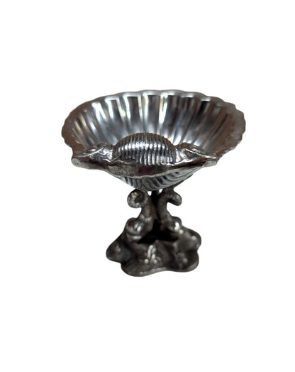 Victorian silver plate caviar dish, overhead view into the fluted scallop-shell bowl