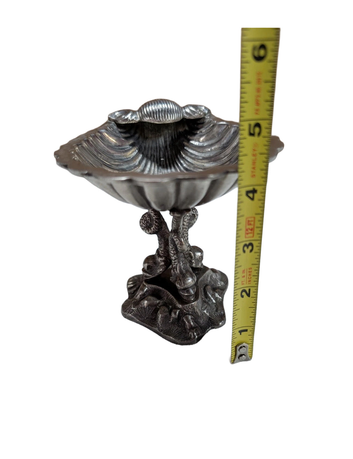Victorian silver plate caviar dish, front view of scallop-shell bowl on dolphin base
