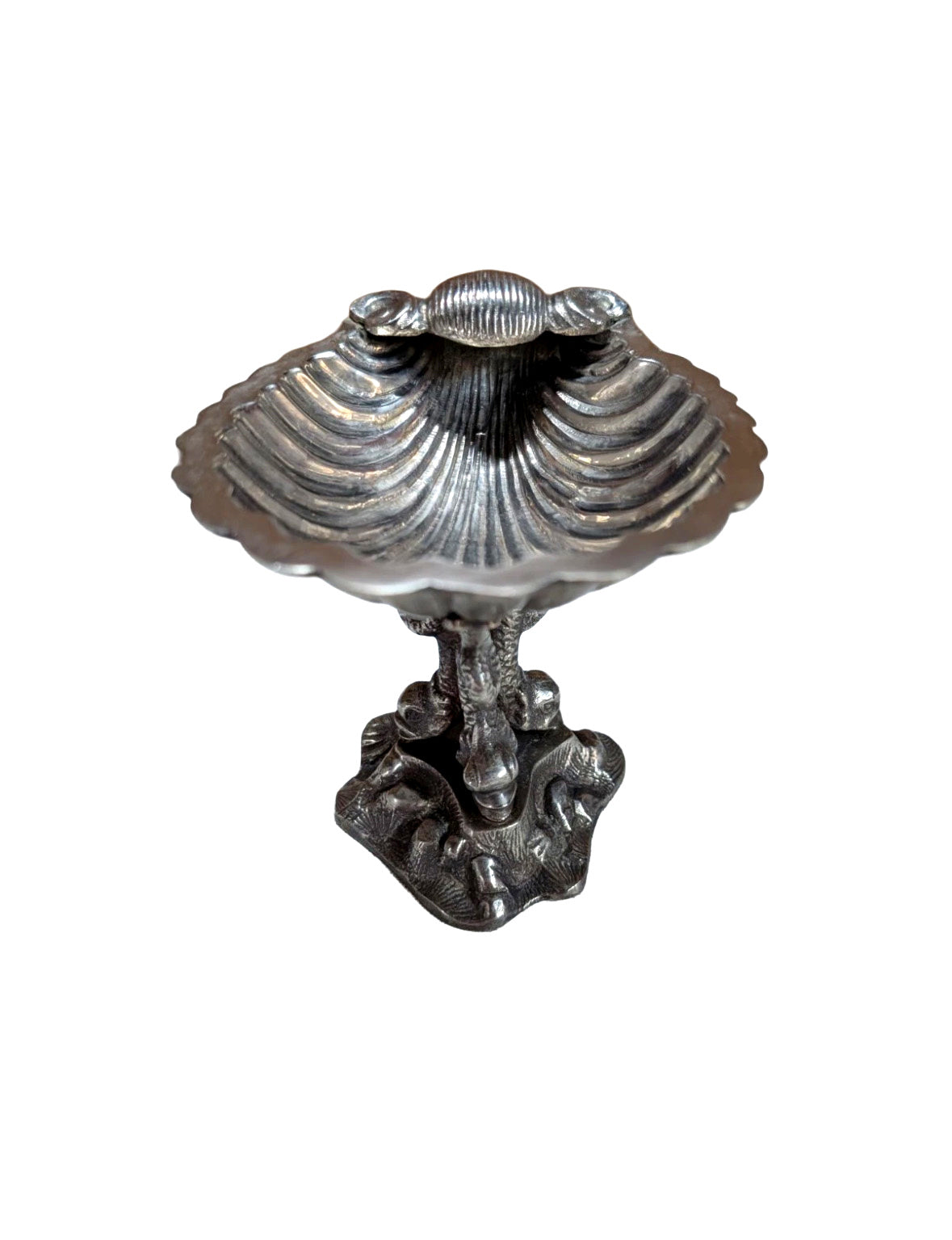 Victorian silver plate shell caviar dish, top view of fluted scallop-shell bowl on dolphin pedestal
