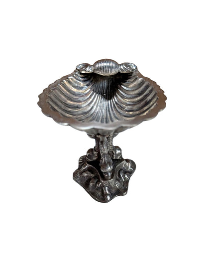 Victorian silver plate shell caviar dish, top view of fluted scallop-shell bowl on dolphin pedestal