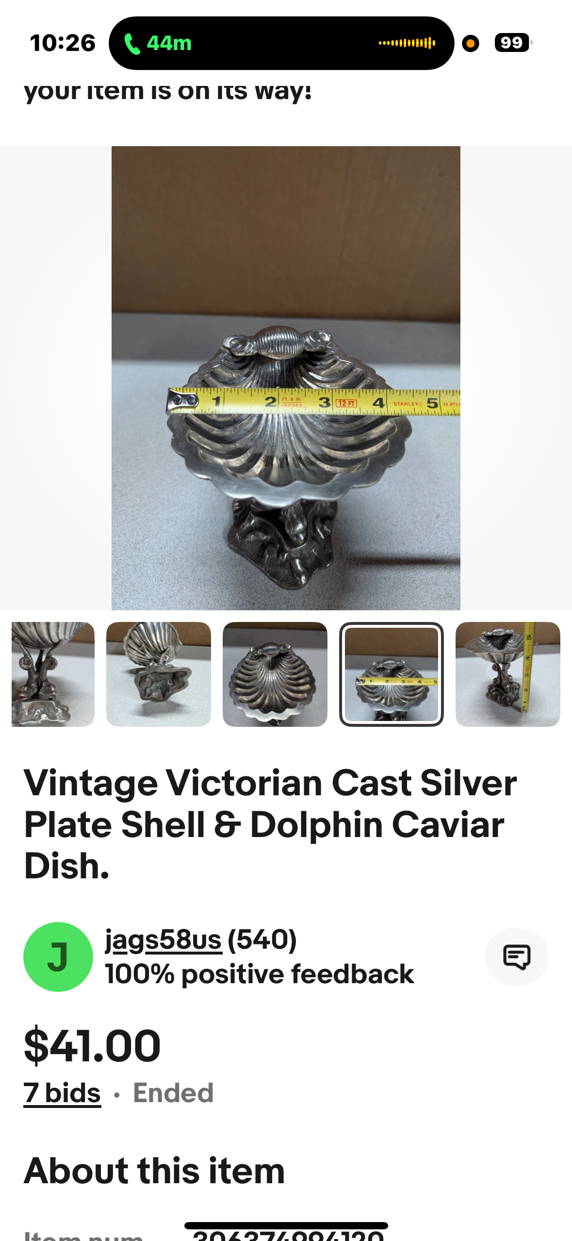 Vintage Victorian cast silver plate shell and dolphin caviar dish shown in original listing