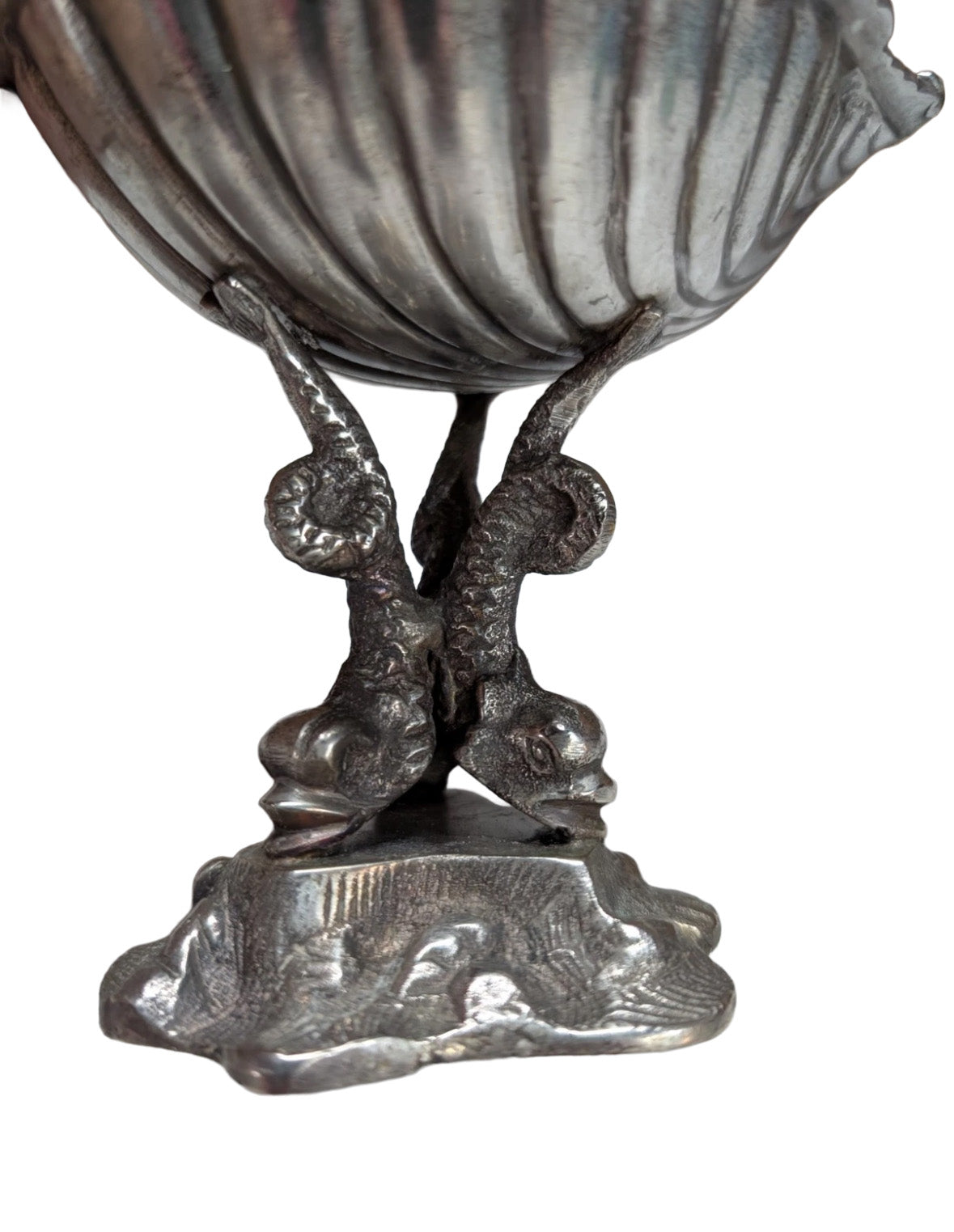 Victorian silver plate caviar dish, detail of twin dolphin pedestal supporting the shell bowl