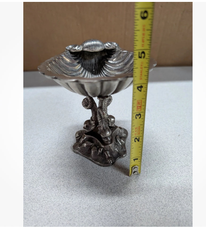 Victorian silver plate shell caviar dish on dolphin pedestal, side view