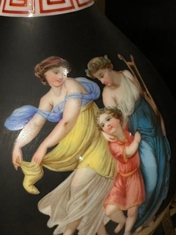 Painted scene on the black lamp body, two draped classical women with a small child