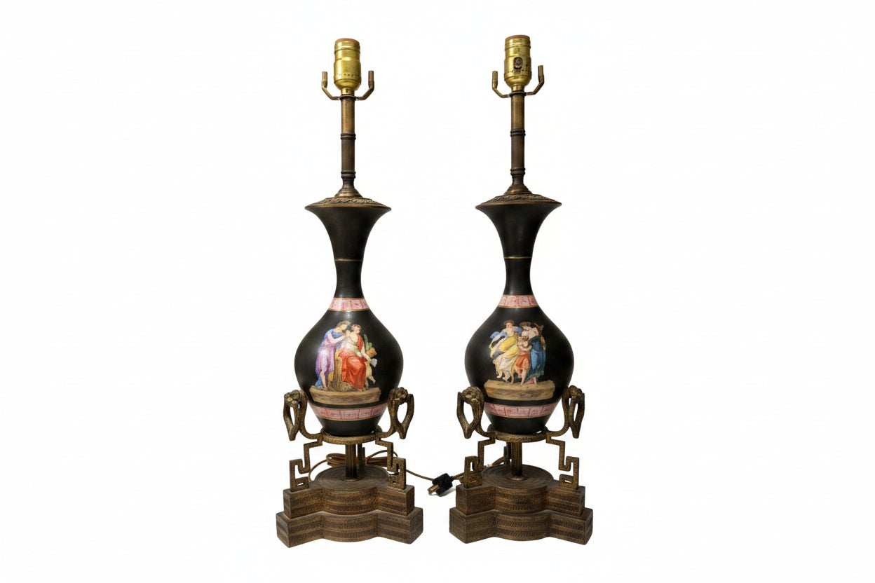 Pair of black porcelain table lamps with painted classical figures, gilt-bronze mounts and Greek-key bases