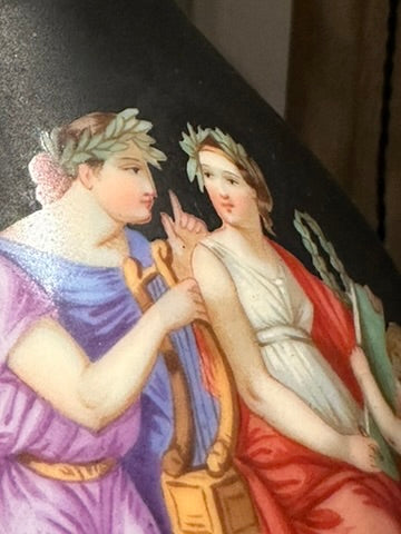 Painted classical scene on the lamp, a laurel-crowned figure with a lyre beside a draped woman
