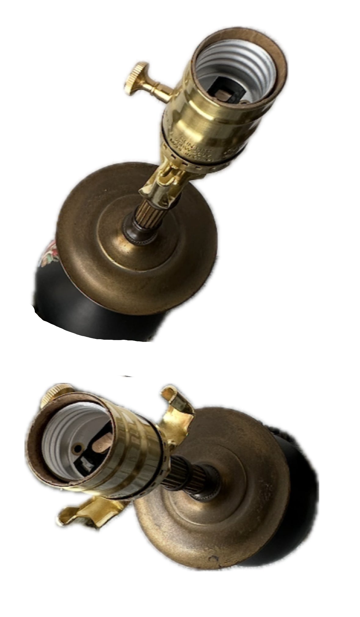 Close-up of the two brass sockets atop the neoclassical lamps, threaded interiors and turn-key switches