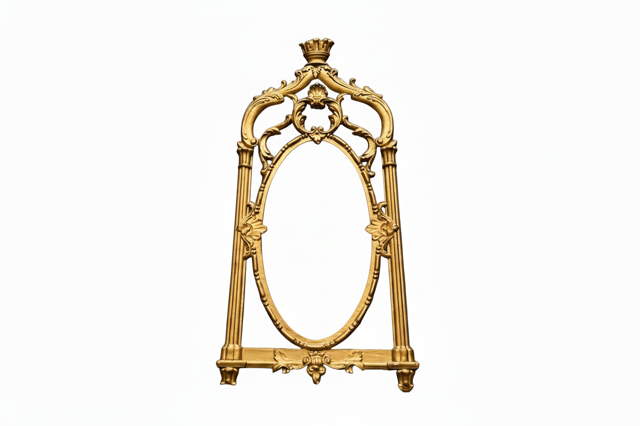 Vintage carved giltwood frame, ornate openwork frame with tall oval opening and crown finial