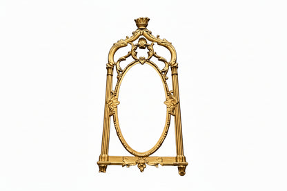 Vintage carved giltwood frame, ornate openwork frame with tall oval opening and crown finial