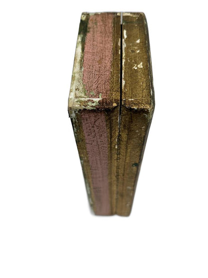 Florentine hinged box stood on end, worn pink front side and gilded gold back, heavily distressed finish