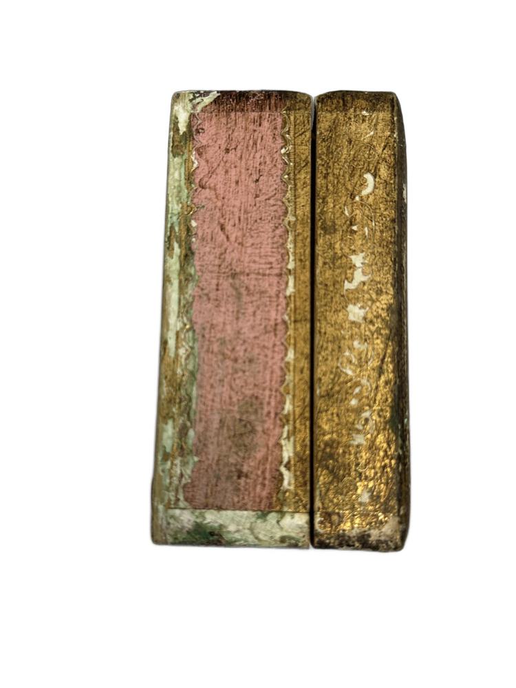 Florentine box stood on end, two side panels: worn pink front and crackled gold-leaf back