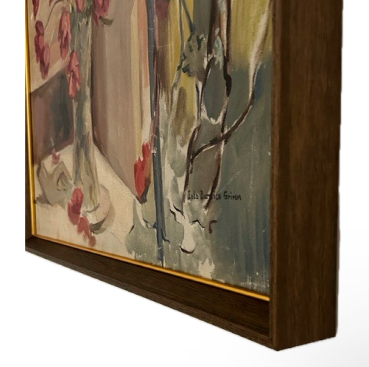 Close-up of the painting's bottom corner showing the wood frame depth, gold liner and signature.